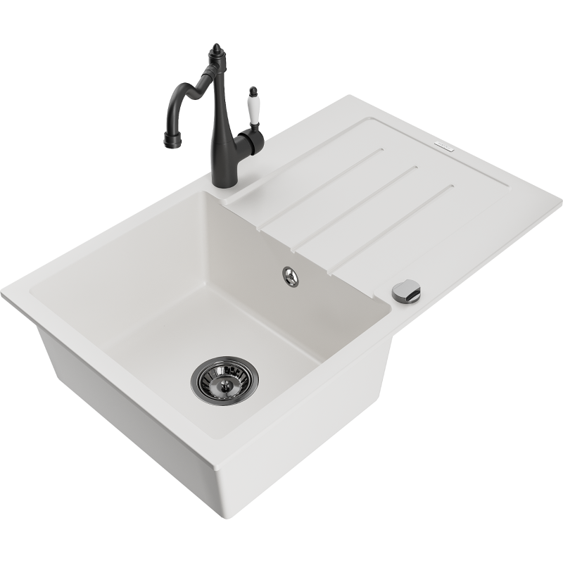 Mexen Bruno 1-bowl granite sink with drainer and Carla kitchen tap, white - 6513-20-670700-70