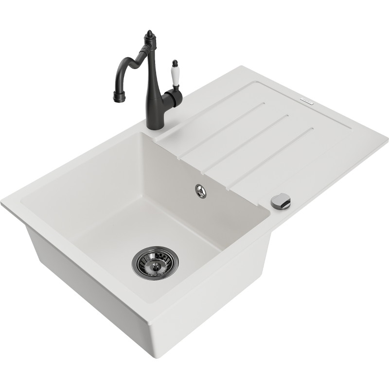 Mexen Bruno fregadero de granito de 1 tazón con escurridor y grifo de cocina Carla, blanco - 6513-20-670700-70