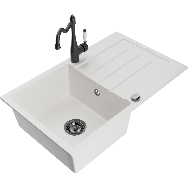 Mexen Bruno granieten spoelbak 1-komerig met afdruiprek en Carla keukenmengkraan, wit - 6513-20-670700-70