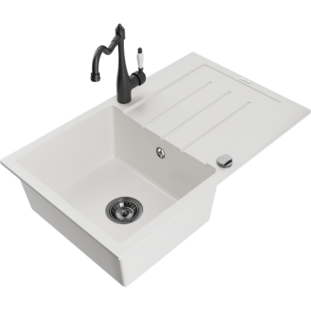 Mexen Bruno 1-bowl granite sink with drainer and Carla kitchen tap, white - 6513-20-670700-70