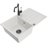 Mexen Bruno 1-bowl granite sink with drainer and Carla kitchen tap, white - 6513-20-670700-70