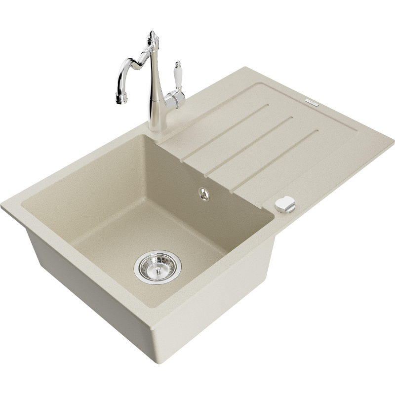 Mexen Bruno fregadero de granito de 1 cubeta con escurridor y grifo de cocina Carla, beige - 6513-69-670700-00