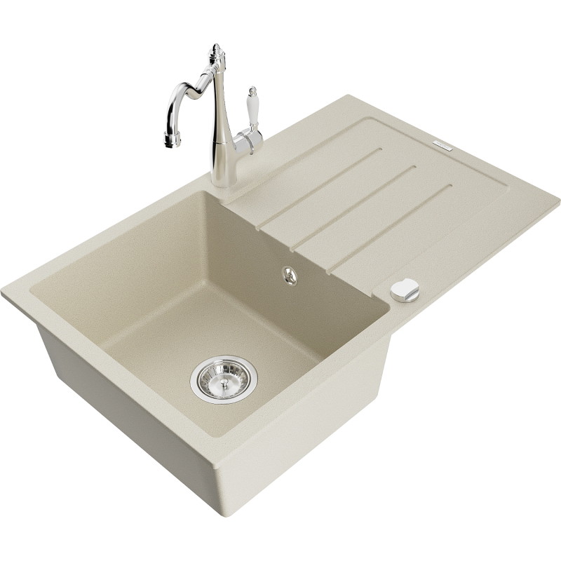Mexen Bruno fregadero de granito de 1 seno con escurridor y grifo de cocina Carla, beige - 6513-69-670700-00