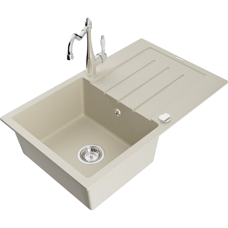 Mexen Bruno granite sink 1-bowl with drainer and kitchen faucet Carla, beige - 6513-69-670700-00