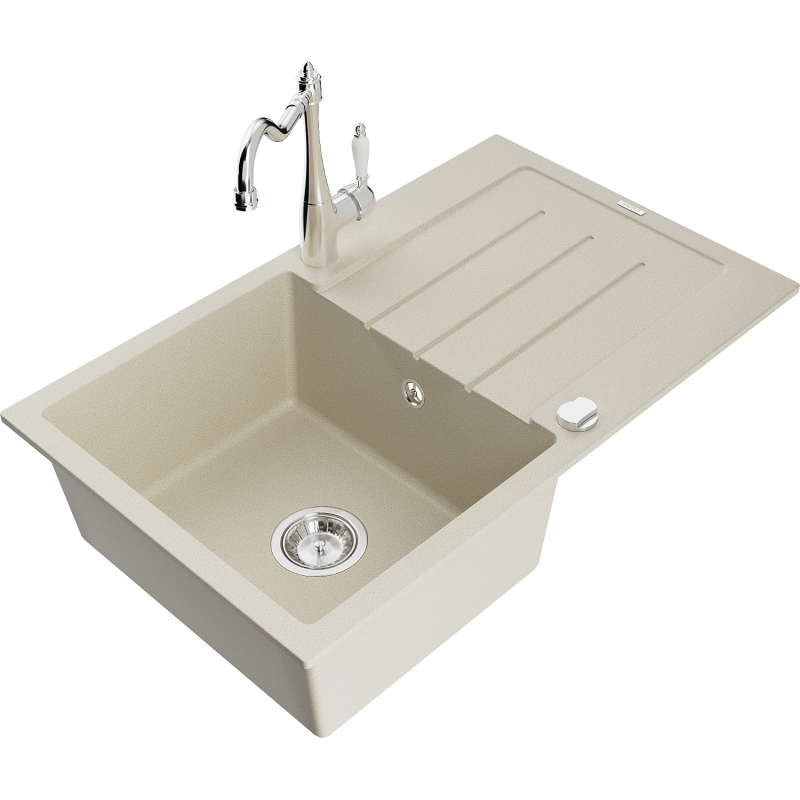 Mexen Bruno Granitspüle 1-Becken mit Abtropffläche und Küchenarmatur Carla, beige - 6513-69-670700-00