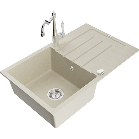 Mexen Bruno granite sink 1-bowl with drainer and kitchen faucet Carla, beige - 6513-69-670700-00