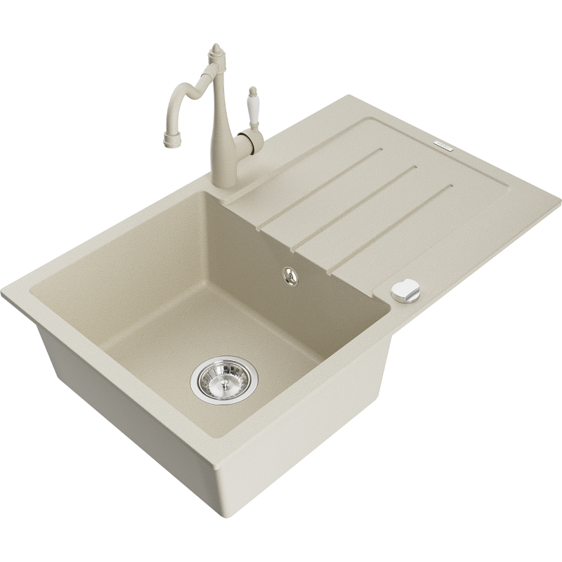 Mexen Bruno 1-bowl Granite Sink with Drainer and Carla Kitchen Tap, Beige - 6513-69-670700-69