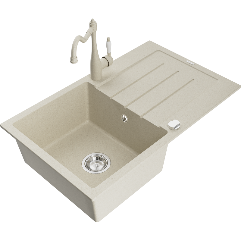 Mexen Bruno fregadero de granito de 1 cubeta con escurridor y grifo de cocina Carla, beige - 6513-69-670700-69