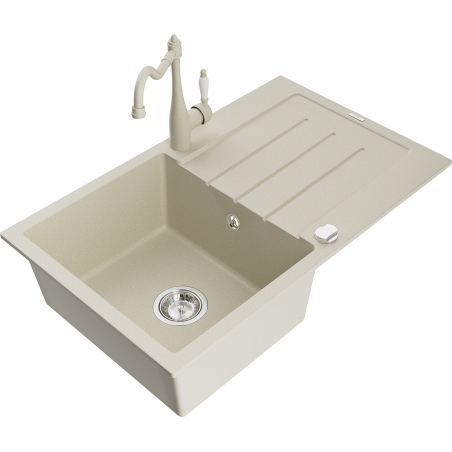 Mexen Bruno fregadero de granito de 1 cubeta con escurridor y grifo de cocina Carla, beige - 6513-69-670700-69