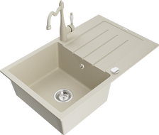 Mexen Bruno granieten spoelbak 1-kom met afdruiprek en keukenmengkraan Carla, beige - 6513-69-670700-69