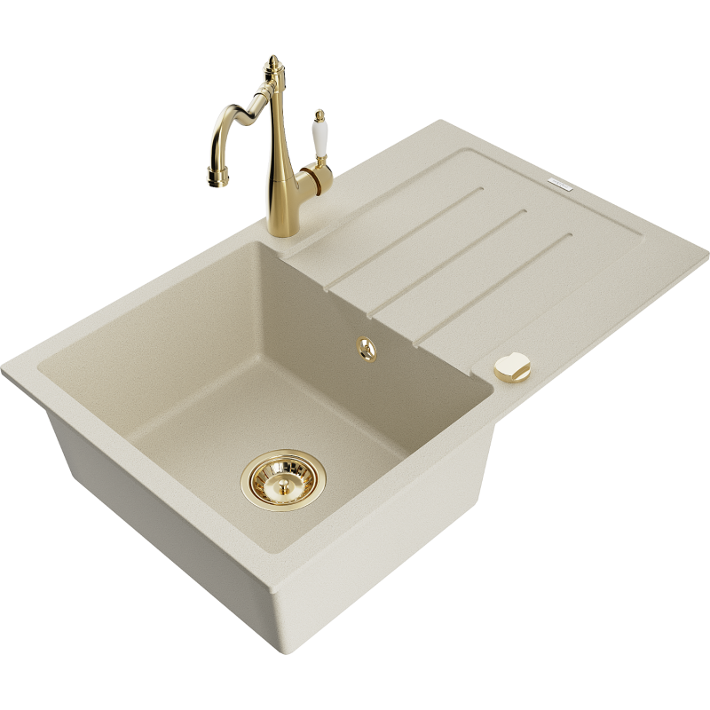 Mexen Bruno fregadero de granito de 1 cubeta con escurridor y grifo de cocina Carla, beige - 6513-69-670700-50