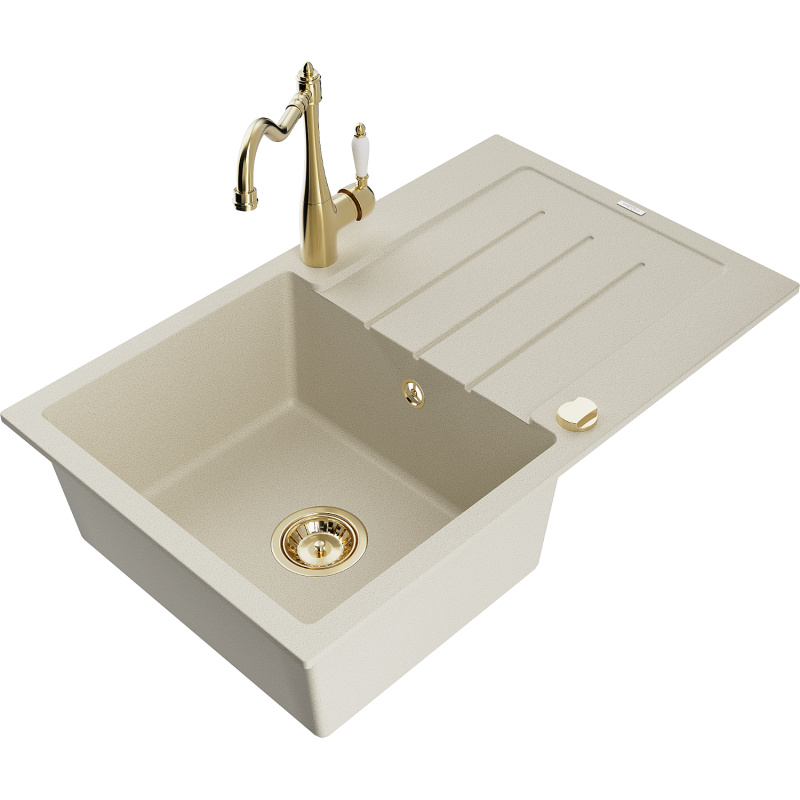 Mexen Bruno Granitspüle 1-beckig mit Abtropffläche und Küchenarmatur Carla, beige - 6513-69-670700-50