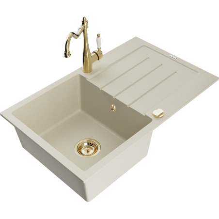 Mexen Bruno 1-compartment granite sink with drainer and Carla kitchen tap, beige - 6513-69-670700-50
