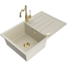Mexen Bruno Granitspüle 1-beckig mit Abtropffläche und Küchenarmatur Carla, beige - 6513-69-670700-50