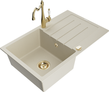 Mexen Bruno fregadero de granito de 1 cubeta con escurridor y grifo de cocina Carla, beige - 6513-69-670700-50