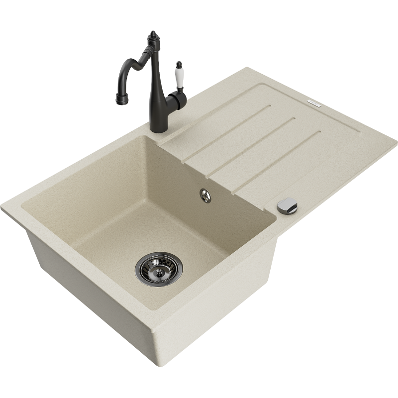 Mexen Bruno granitdiskho med 1 fack med avrinningsbräda och köksblandare Carla, beige - 6513-69-670700-70