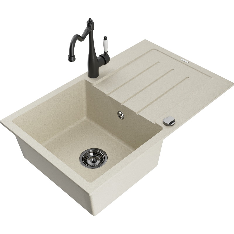 Mexen Bruno Granitspüle 1-beckig mit Abtropffläche und Küchenarmatur Carla, beige - 6513-69-670700-70