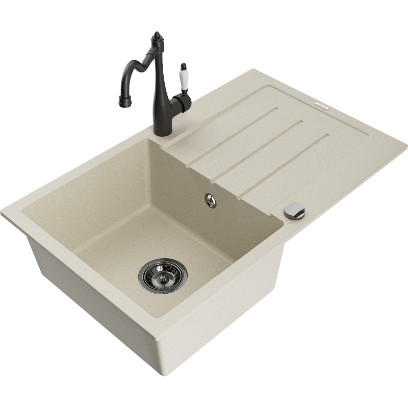 Mexen Bruno Granitspüle mit 1 Becken, Abtropffläche und Küchenarmatur Carla, beige - 6513-69-670700-70