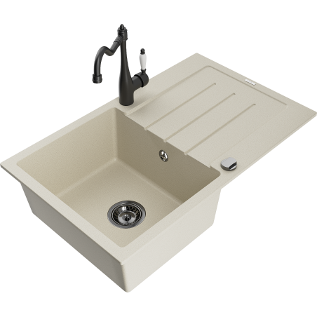 Mexen Bruno 1-bowl granite kitchen sink with drainer and Carla kitchen tap, beige - 6513-69-670700-70