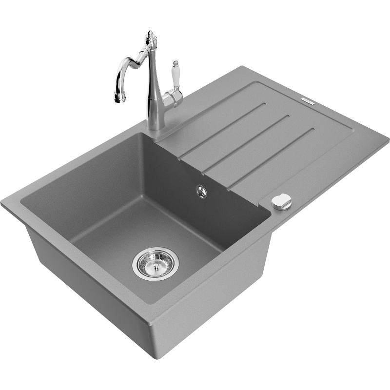 Mexen Bruno fregadero de granito de 1 cubeta con escurridor y grifo de cocina Carla, gris - 6513-71-670700-00