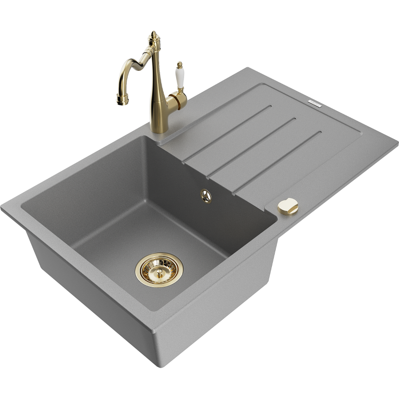 Mexen Bruno évier en granit 1 bac avec égouttoir et robinet de cuisine Carla, gris - 6513-71-670700-50