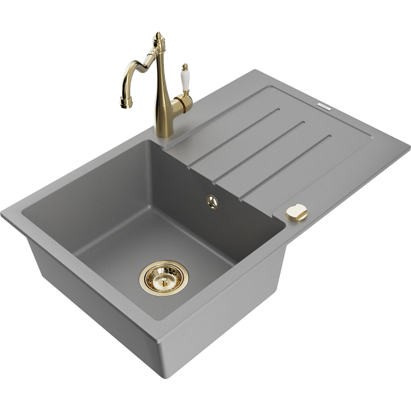 Mexen Bruno fregadero de granito de 1 seno con escurridor y grifo de cocina Carla, gris - 6513-71-670700-50