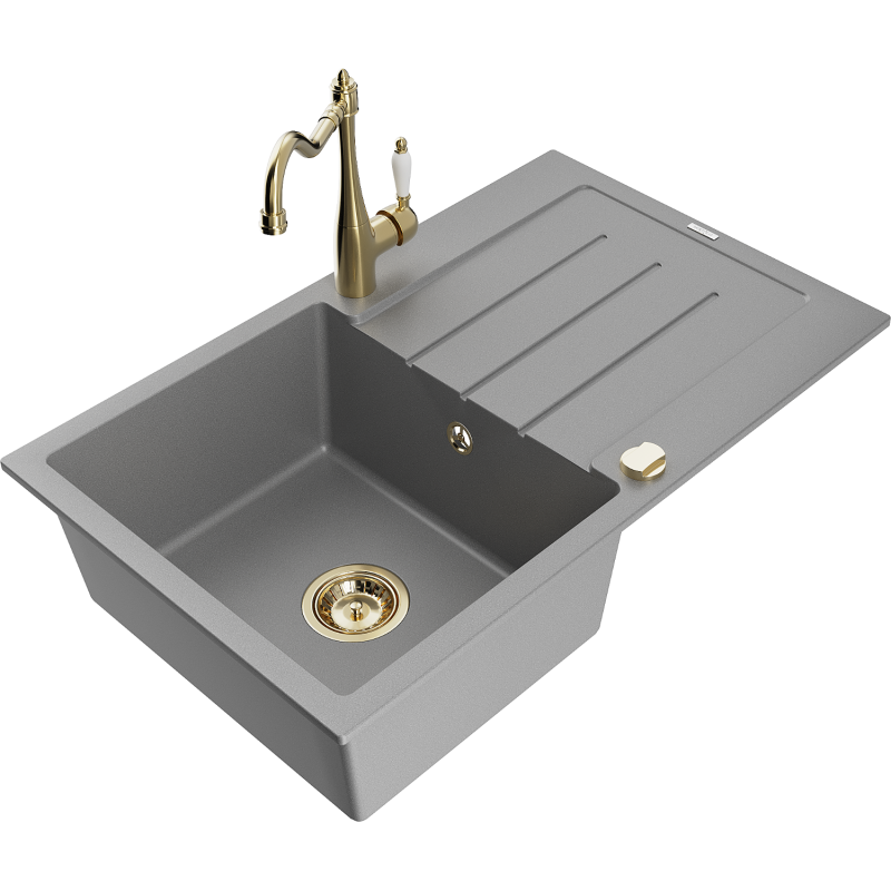 Mexen Bruno granite kitchen sink 1-bowl with drainer and Carla kitchen tap, grey - 6513-71-670700-50