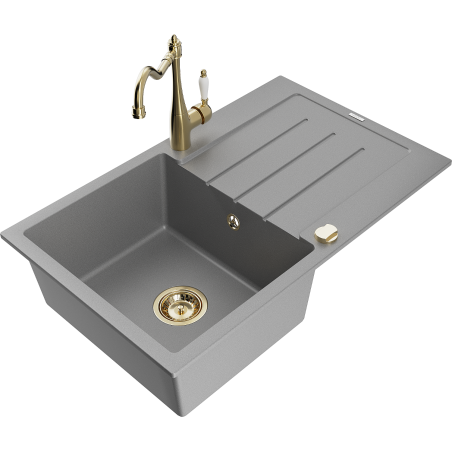 Mexen Bruno granite kitchen sink 1-bowl with drainer and Carla kitchen tap, grey - 6513-71-670700-50