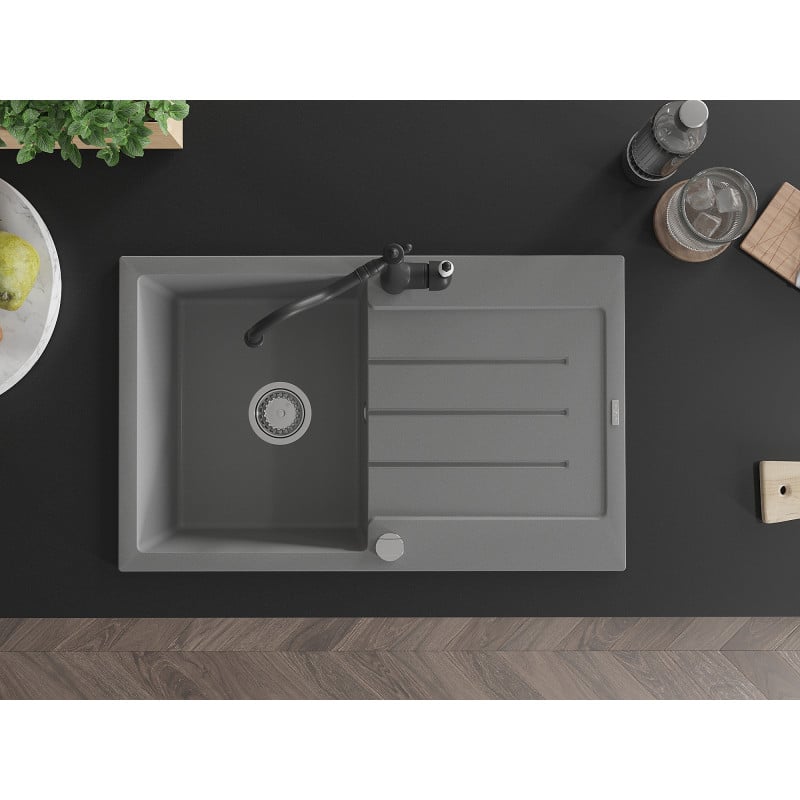 Mexen Bruno fregadero de granito de 1 cubeta con escurridor y grifo de cocina Carla, gris - 6513-71-670700-70