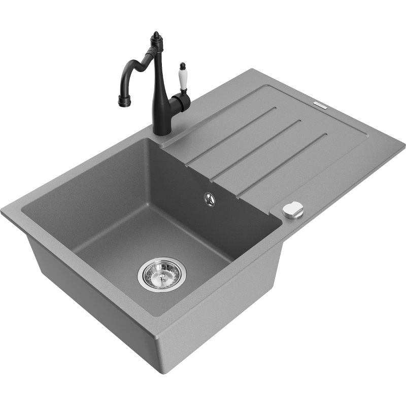 Mexen Bruno fregadero de granito de 1 cubeta con escurridor y grifo de cocina Carla, gris - 6513-71-670700-70