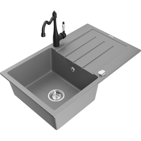 Mexen Bruno fregadero de granito de 1 cubeta con escurridor y grifo de cocina Carla, gris - 6513-71-670700-70