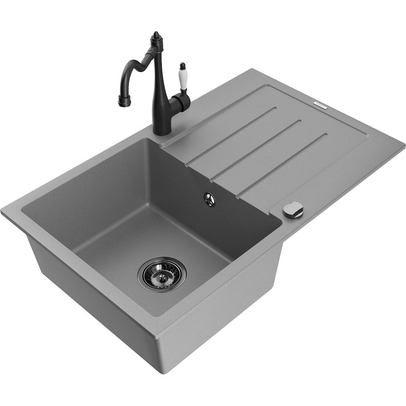 Mexen Bruno lava-louça de granito de uma bacia com escorredor e torneira de cozinha Carla, cinza - 6513-71-670700-70-B