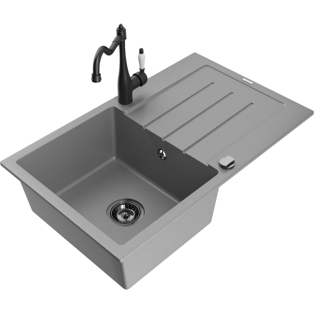 Mexen Bruno 1-bowl granite sink with drainer and Carla kitchen tap, grey - 6513-71-670700-70-B
