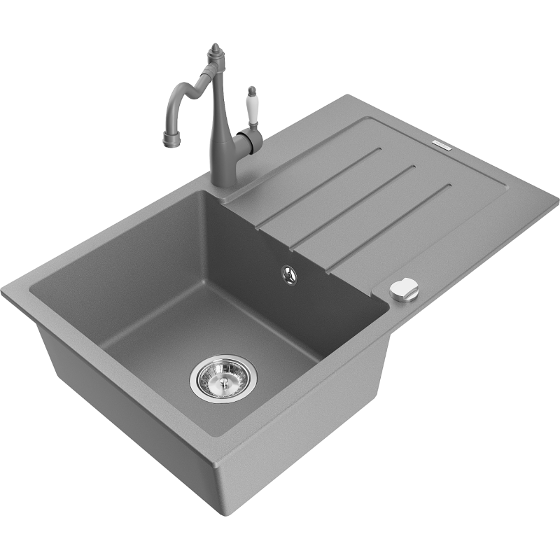 Mexen Bruno fregadero de granito de 1 cubeta con escurridor y grifo de cocina Carla, gris - 6513-71-670700-71