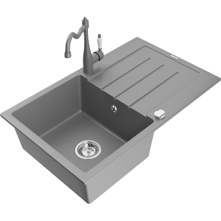 Mexen Bruno évier en granit 1 bac avec égouttoir et robinet de cuisine Carla, gris - 6513-71-670700-71