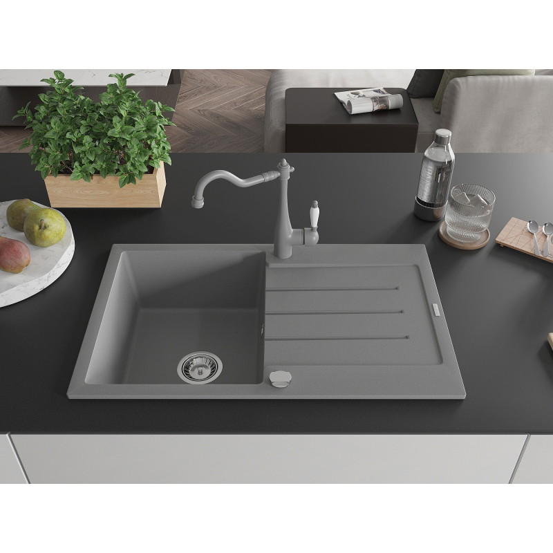 Mexen Bruno fregadero de granito de 1 cuenca con escurridor y grifo de cocina Carla, gris - 6513-71-670700-71