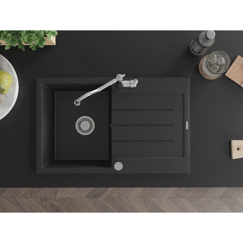 Mexen Bruno granite kitchen sink 1-bowl with drainer and Carla kitchen tap, black/silver metallic - 6513-73-670700-00