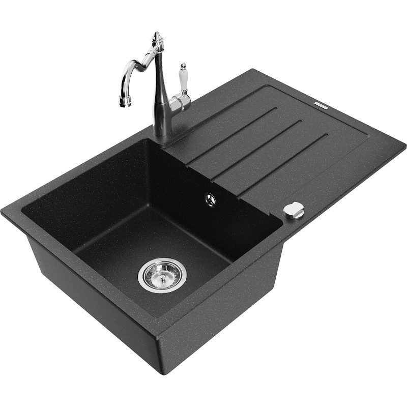 Mexen Bruno granit wastafel 1-kompartiment met afdruiprek en keukenmengkraan Carla, zwart/zilver metallic - 6513-73-670700-00