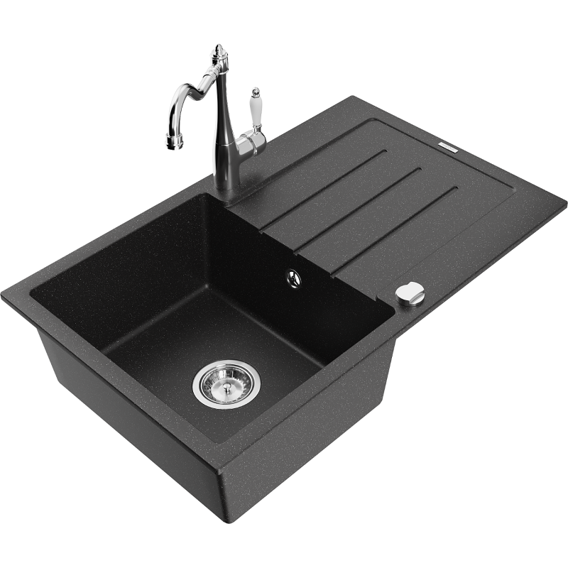 Mexen Bruno granite kitchen sink 1-bowl with drainer and Carla kitchen tap, black/silver metallic - 6513-73-670700-00