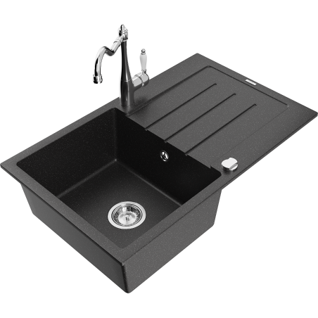 Mexen Bruno granite kitchen sink 1-bowl with drainer and Carla kitchen tap, black/silver metallic - 6513-73-670700-00
