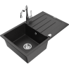 Mexen Bruno granite kitchen sink 1-bowl with drainer and Carla kitchen tap, black/silver metallic - 6513-73-670700-00