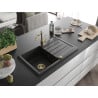 Mexen Bruno granite sink, 1-bowl with drainer and Carla kitchen tap, black/silver metallic - 6513-73-670700-50