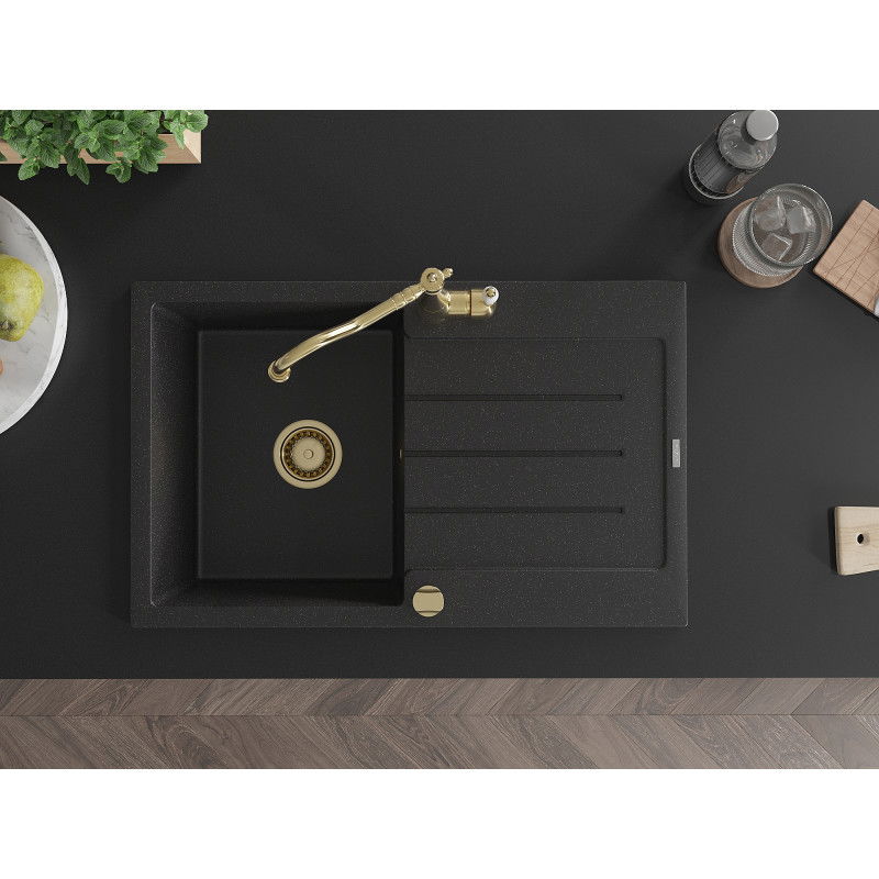 Mexen Bruno Granit-Spullsteen mat enger Kummer, mat Oftrop an Kichenhahn Carla, schwaarz/sëlwer Metallic - 6513-73-670700-50