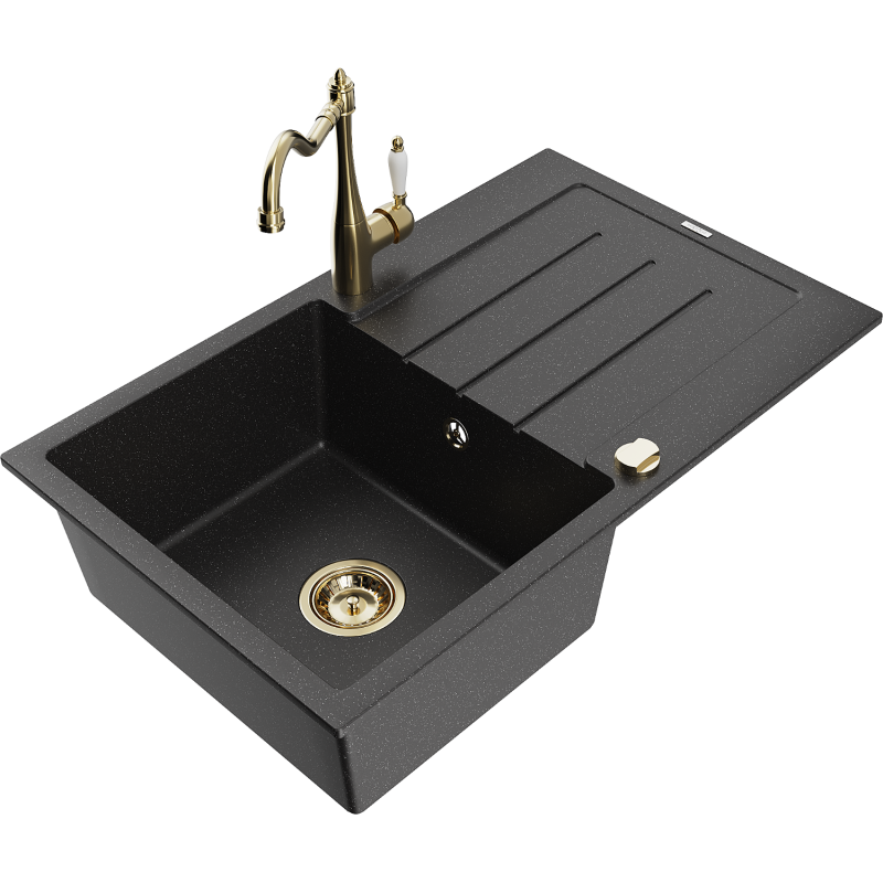 Mexen Bruno granieten spoelbak, 1-komoers met afdruiprek en keukenkraan Carla, zwart/zilverkleurige metallic - 6513-73-670700-5?