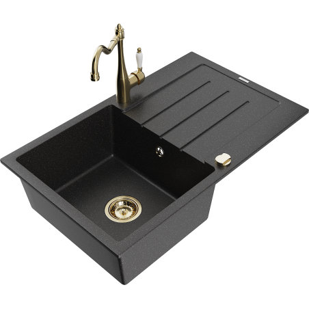 Mexen Bruno 1-bowl granite sink with drainer and kitchen faucet Carla, black/silver metallic - 6513-73-670700-50