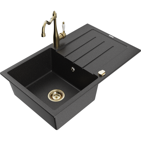 Mexen Bruno Granitspüle 1-beckig mit Abtropffläche und Küchenarmatur Carla, schwarz/silber metallic - 6513-73-670700-50