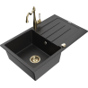 Mexen Bruno granite sink, 1-bowl with drainer and Carla kitchen tap, black/silver metallic - 6513-73-670700-50
