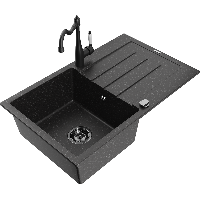 Mexen Bruno granite sink 1-bowl with drainer and Carla kitchen tap, black/silver metallic - 6513-73-670700-70-B