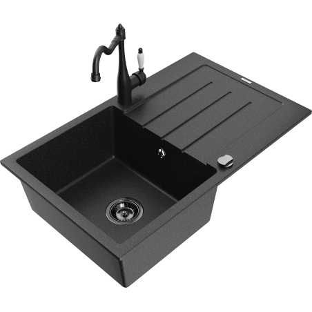 Mexen Bruno évier en granit 1 bac avec égouttoir et robinet de cuisine Carla, noir/métallisé argent - 6513-73-670700-70-B