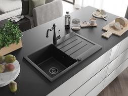 Mexen Bruno Granitspüle 1-beckig mit Abtropffläche und Küchenarmatur Carla, schwarz/silber metallic - 6513-73-670700-70-B